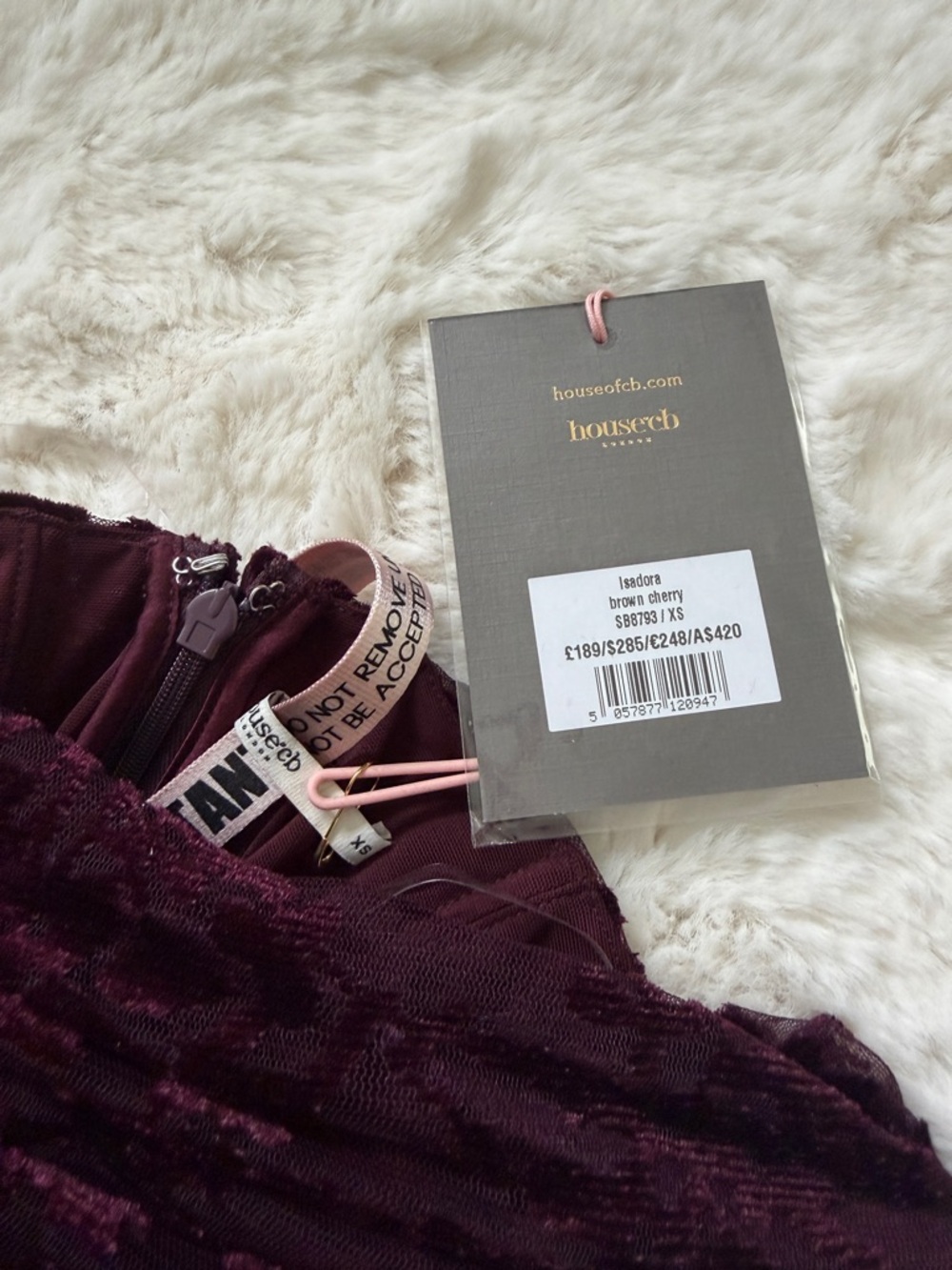 House of CB Strapless Lace Velvet Midi Dress with Gloves XS - Cherry Brown - Picture 4 of 5